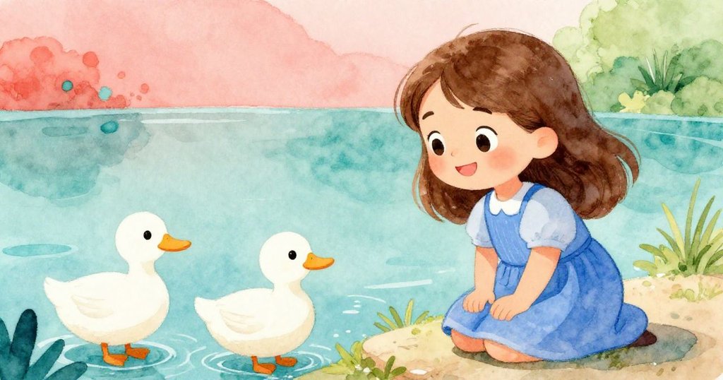 塔拉溫柔凝望水邊鴨子，輕觸互動分享歡笑，背景呈現柔和波紋及明亮自然色彩。