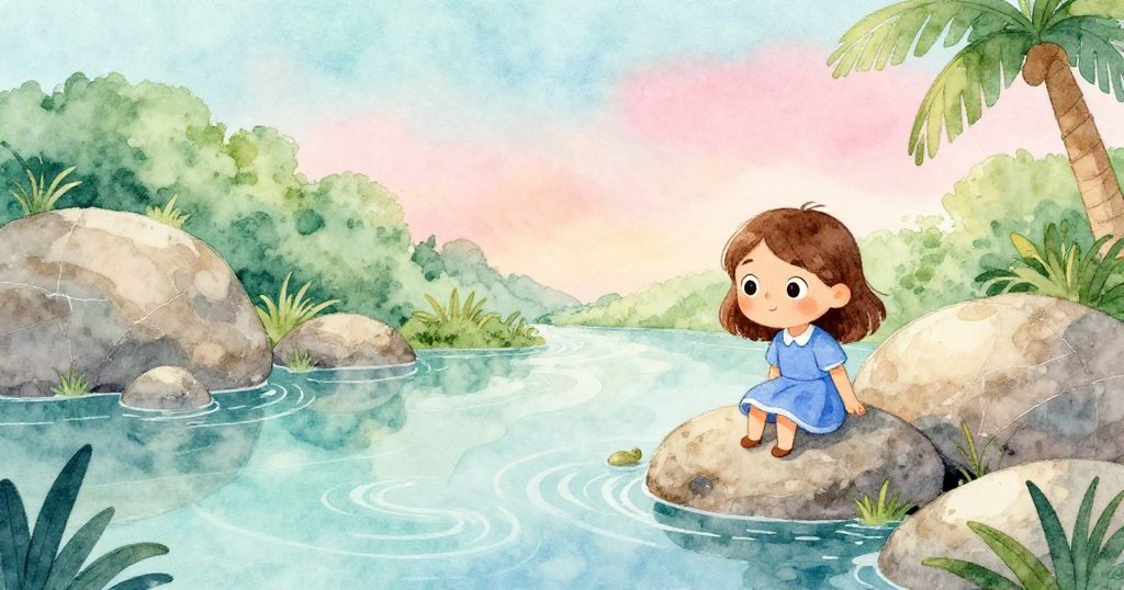 塔拉穩重將石板放回岩石間，溪水波紋漸止，象徵人與自然達到和諧，畫面寧靜而溫暖。