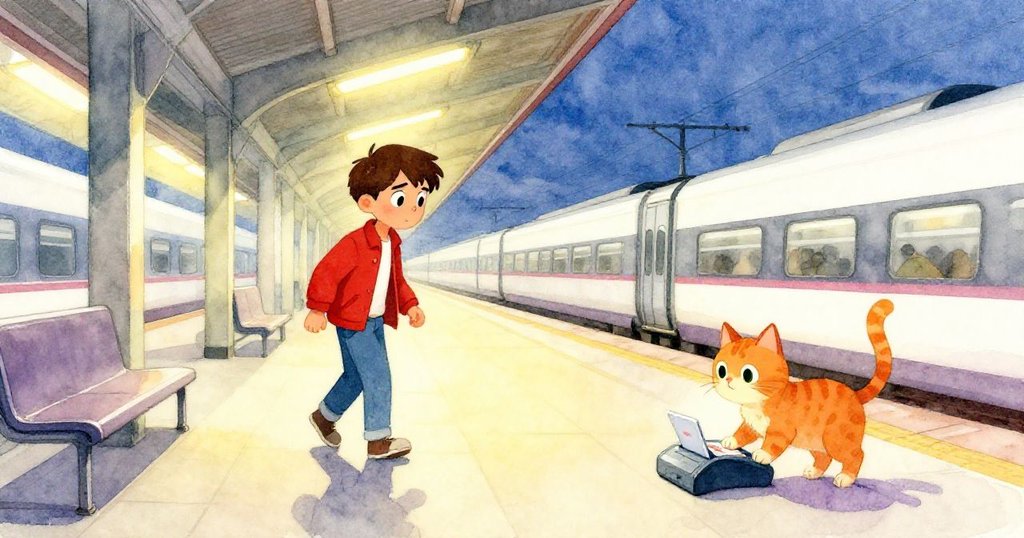 Sam快步走進燈光閃爍的火車站, 橘貓靜觀一旁, 周圍有光影交錯, 表現出緊張又期待的情緒