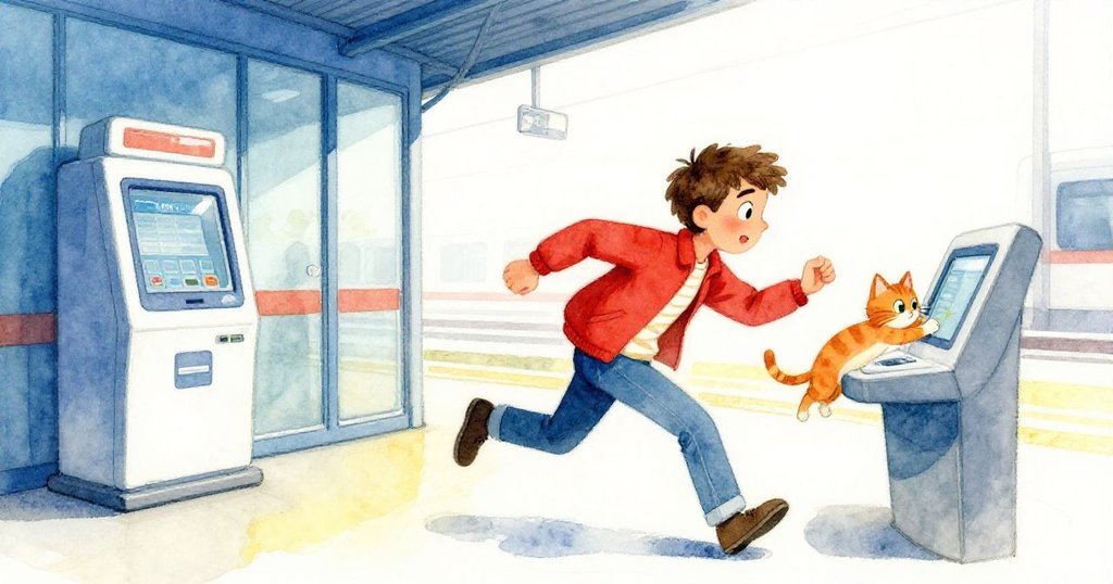 Sam急促奔向充值機, 橘貓優雅躍離卡機, 傾斜視角增添動感, 畫面充滿緊張與活力