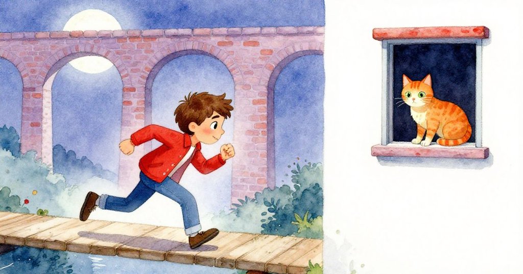 Sam匆忙穿越天橋, 背景老磚水道受月光映照, 橘貓靜臥窗邊, 營造出室內外交融的急促與寧靜感