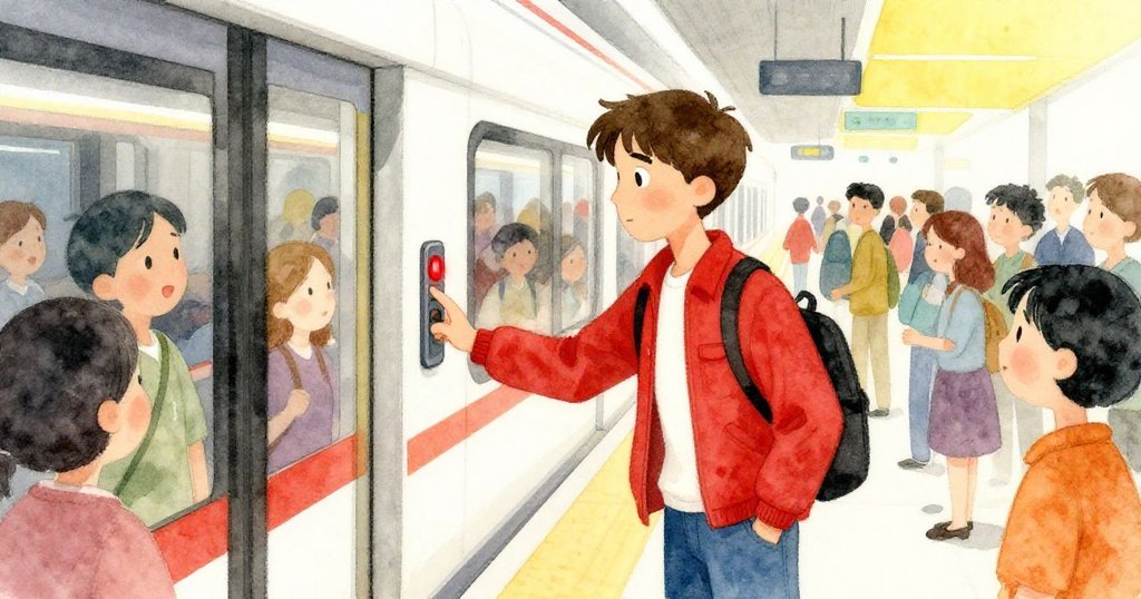 Sam在擁擠月台前努力按下開門按鍵, 顯露出堅定與焦急混合的情緒, 周圍人影模糊映襯出現實挑戰