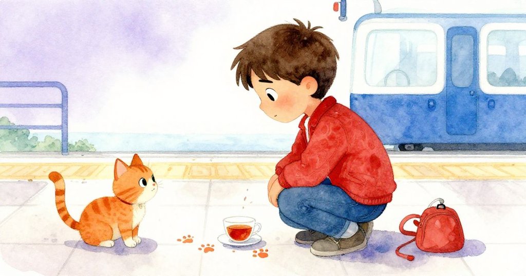 Sam在寂靜月台上停步凝望, 細看橘貓留下的細小腳印與茶漬, 表情充滿反思與溫柔的結局