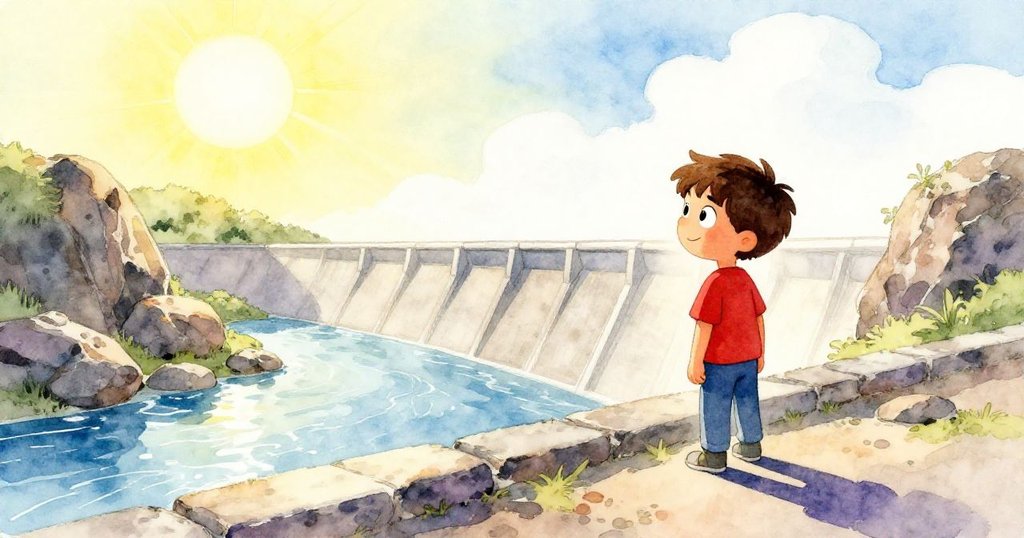 Rafe 站在水壩前觀察洞口，身影在明亮背景中顯示好奇與期待，溪水流淌映出自然美景。