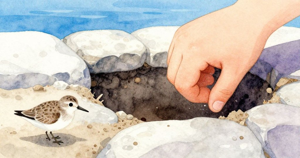 Rafe 的手伸向水壩洞口，細緻展示泥土與石頭質感，沙嘴鳥靜靜棲息，畫面細膩而充滿探索精神。