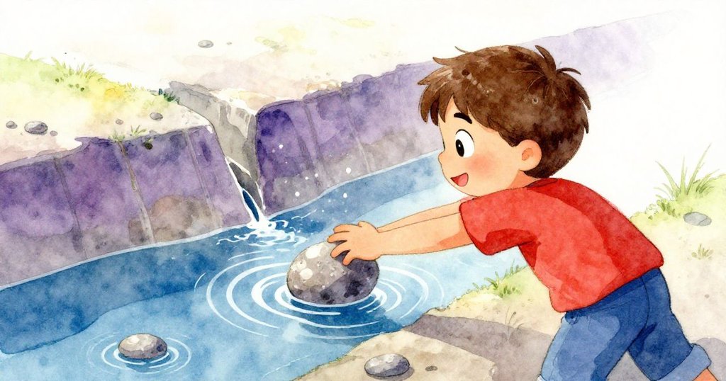 從身後看見Rafe專注地用濕潤樹枝撬動水壩石頭，眼神堅定，水面微波蕩漾，場景充滿動感與細節。