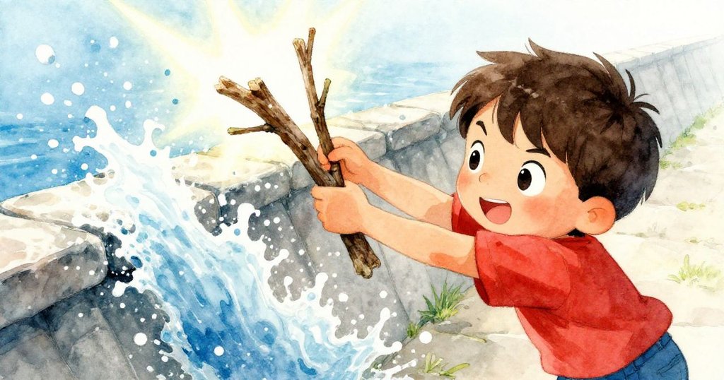 Rafe 用力撬動樹枝改變石頭位置，瞬間水花四濺，臉上充滿堅定與緊張，動作凝固展現決心與瞬間變化。