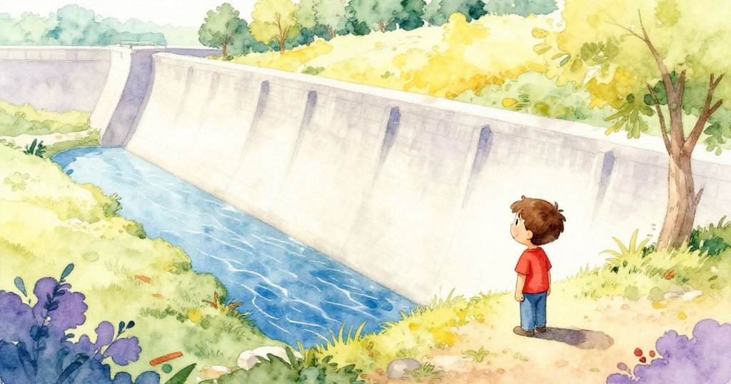 廣闊場景中Rafe顯得渺小，他站在靜謐水壩前欣賞大自然恢復平衡，背景展示流動溪水與綠意盎然的風景，寓意落幕。