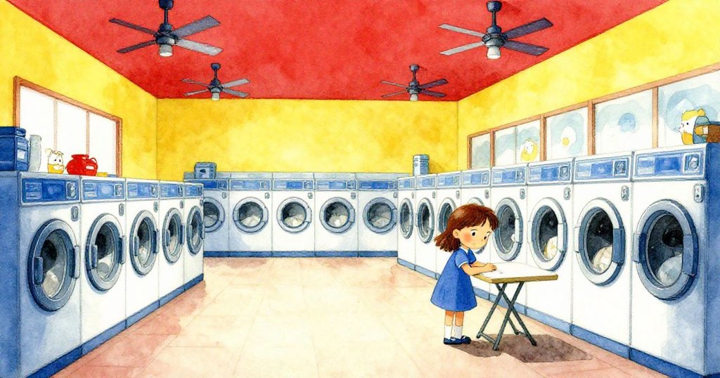 Sara在明亮的洗衣店內等待,背景有多台運作中的洗衣機和轉動的風扇,她表情專注而期待。