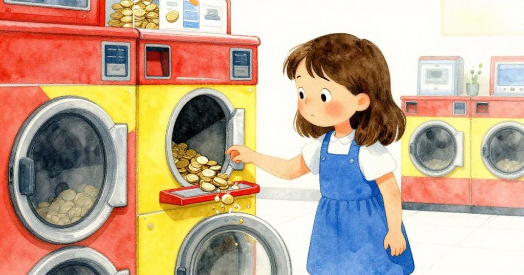 Sara專注地投進硬幣,特寫展示烘乾機硬幣槽與落下的閃亮硬幣,情緒從挫折轉為希望。