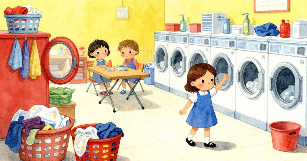 Sara在洗衣店中忙碌,前景籃子搖晃,摺衣桌與背景洗衣機形成層次,情感投入且充滿活力。