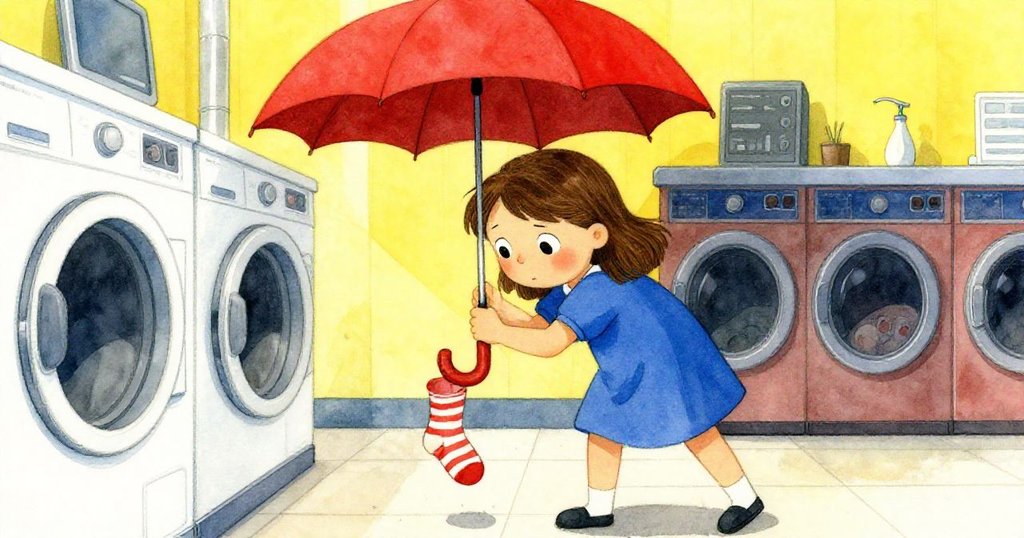 Sara彎腰利用傘桿撥動失落彩襪,烘乾機旁的情景充滿努力與挫折,她神情堅毅動作真實。