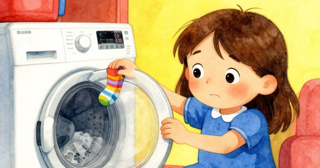 Sara滿意地看著從烘乾機後露出的彩襪尖,溫暖燈光中洋溢出家庭小挑戰勝利的喜悅與成就。