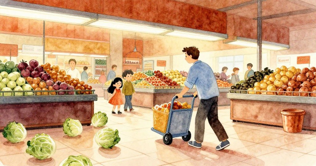 格倫推著手推車進入蔬果區，燈光反射在光亮地磚上，滾動的白菜與秤台營造出奇幻且動感的市集場景。