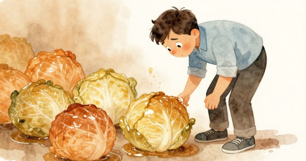 格倫彎腰試圖收集滾散的白菜，他的面容充滿決心與困惑，展現出學習過程中不放棄的精神。