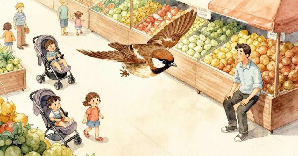 一隻小麻雀從高處俯瞰繁忙的蔬果區，見到格倫與推車和幼童穿梭其中，畫面充滿好奇與溫暖感。