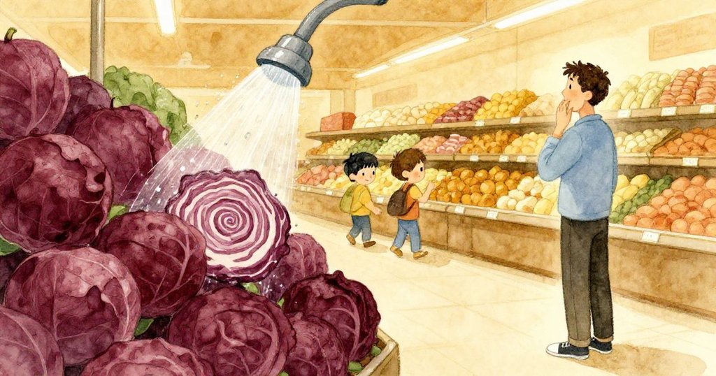 格倫在蔬果區突然停下注意到噴水觸動白菜，白菜上獨特的紫色螺旋細節清晰可見，畫面透露出過渡與沉思的氛圍。