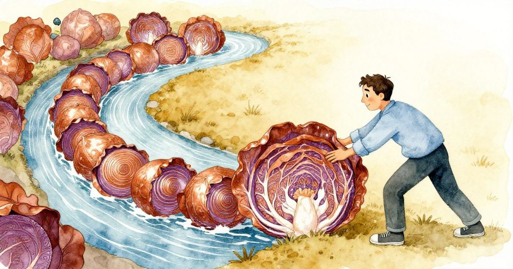 格倫迅速推動三顆白菜聚攏形成臨時水壩，水流映出白菜上精緻紫色螺旋，畫面定格充滿戲劇性與創意。