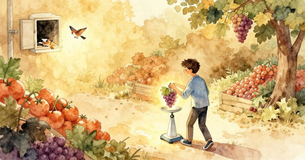 格倫成功將葡萄放上秤台後推車離開，水滴閃耀在濕潤鞋尖上，背景中小麻雀飛向開放通風口，呈現溫馨結局。