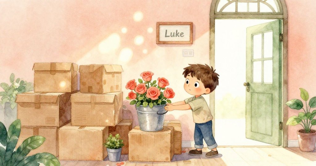 Luke在明亮溫暖的店內動作有力地伸手拿取滿有珊瑚玫瑰的桶子，背景堆疊紙箱和明亮開門展示故事開始。