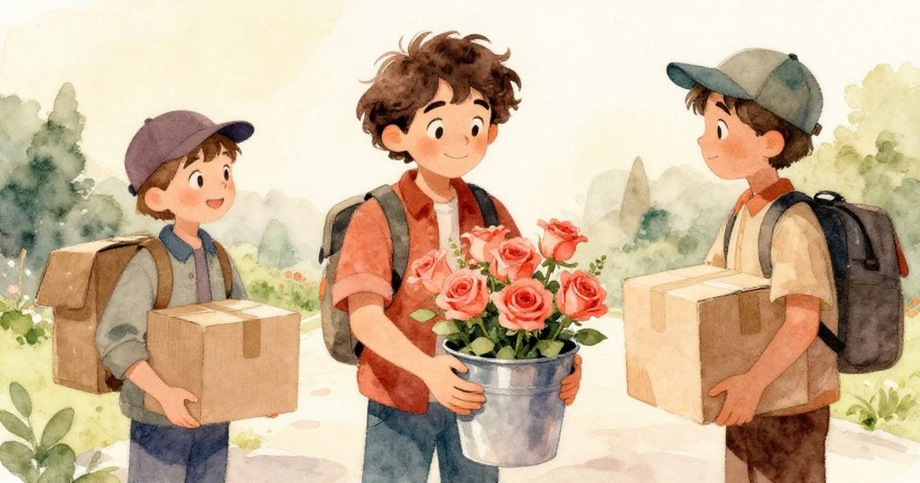 Luke的手緊握著帶有珊瑚玫瑰的桶子，水珠閃爍中引導小螞蟻於濕滑瓷磚上爬行，細節豐富推進故事。