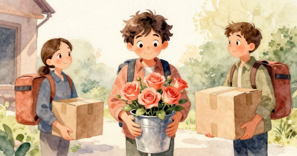 店內透過大開門望向春日微風，溢出水珠逐漸乾涸，小螞蟻忙碌穿梭，情節從開端向發展邁進。