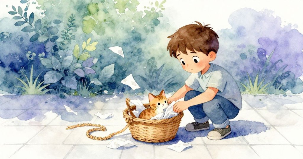 Luke穩定心神整理散落紙巾，輕柔放下慵懶貓咪於編織籃中，最後絲帶旋轉延續故事溫馨收尾。