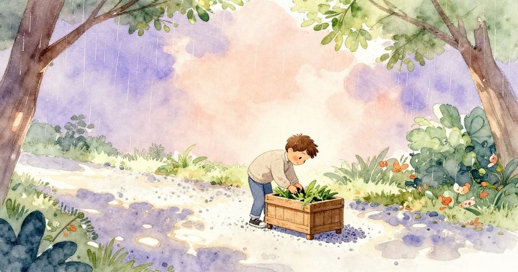 塞斯在石子小徑上調整身體，小心避開木製花盆，柔和光線下心情平靜開始一天的創作。