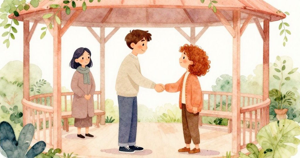 在涼亭中，塞斯與比亞輕握手打破阻隔，背景中羅莎手拿咖啡靜靜觀望，整體充滿溫馨氛圍。