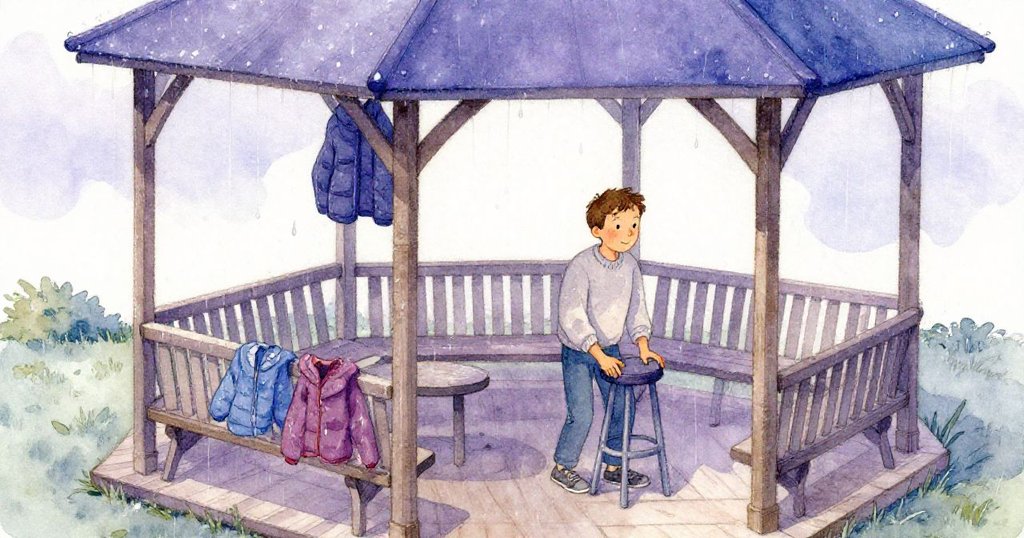 從高處俯瞰涼亭，濕潤夾著雨水的座位和外套映出低垂天際，塞斯小心將凳子夾於柱間等待停雨。