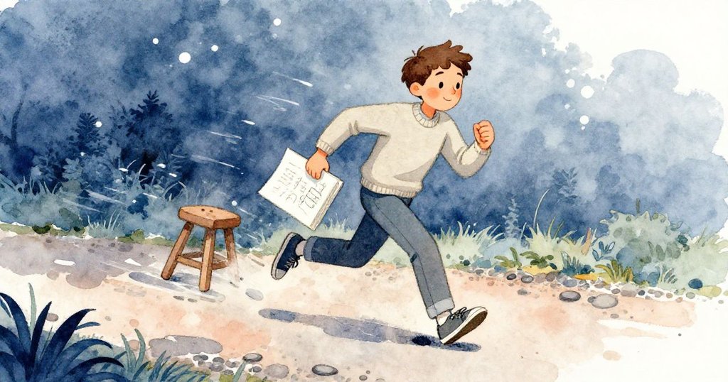 塞斯急速奔跑越過濕滑石子路，手持素描本與凳子迎接驟雨，身姿充滿動能與急迫感。