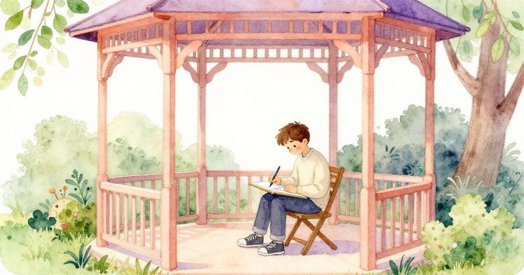 塞斯在靜謐涼亭角落中重新打開素描本，細看畫面定格，心境寧靜地迎向新作品，雨滴緩緩飄落。