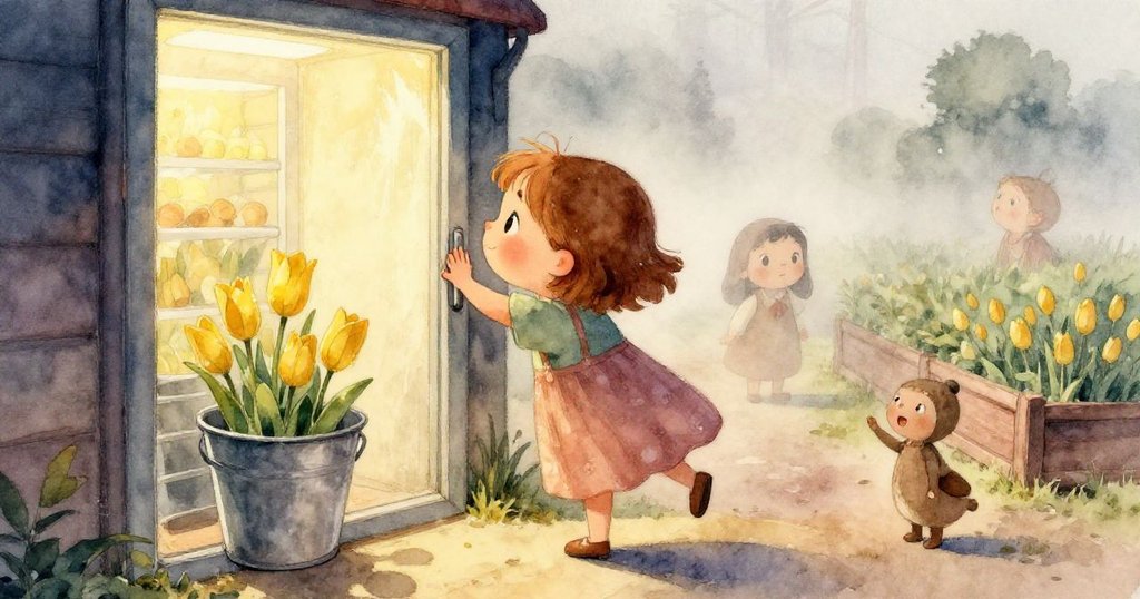 梅布爾注視空缺花桶處,近鏡展示微妙黃色鬱金香與印狐狸紙張,細膩呈現故事暗示與情感。