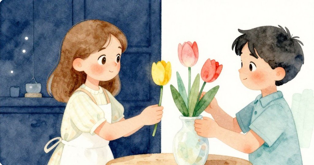 梅布爾輕遞鬱金香給肯特,分面呈現兩人合作情景,動作溫柔而專注,述說故事轉折。