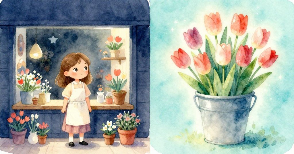 梅布爾分隔畫面左側聆聽真實花店,右側幻想滿籃六朵鬱金香,現實與夢想巧妙交疊。