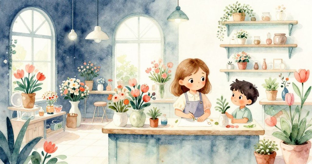 花店全景呈現陳列台上花藝創作細節,梅布爾與肯特忙碌間構成宏大而溫馨的創作空間。