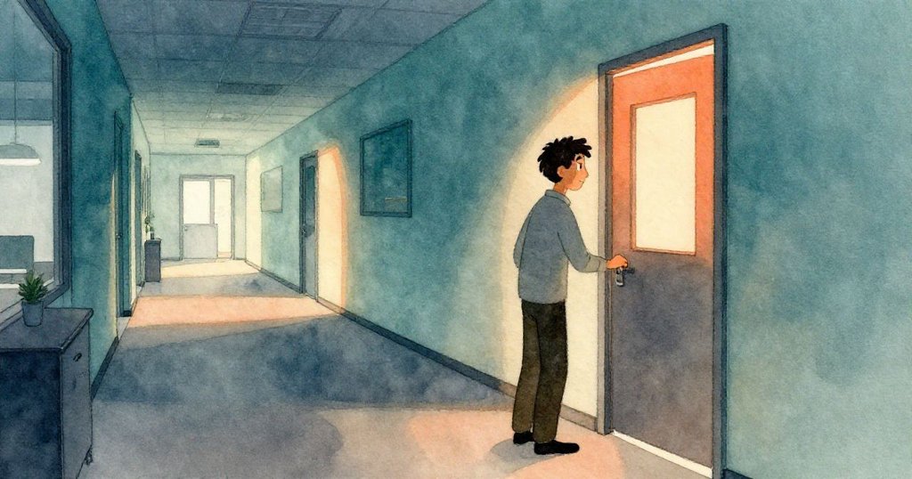 Erik正輕輕推開辦公室休息室的門，晨光在走廊中灑下，臉上充滿好奇與期待，場景明亮而溫馨。