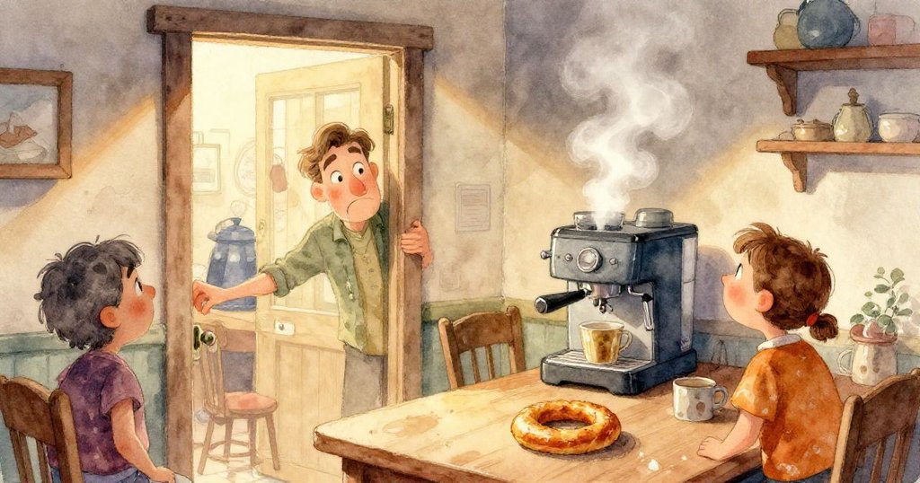 特寫鏡頭呈現艾瑞克的破損杯子，細膩裂縫中咖啡緩緩滲出，畫面充滿戲劇性的細節與溫暖光影。