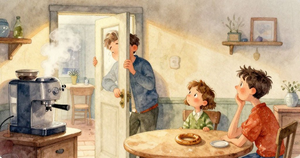 畫面低角度呈現櫃檯下方，深褐咖啡逐漸流向邊緣，隱藏著日常失誤所呈現的神秘故事情境。