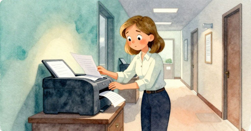 薩拉在走廊中注視著顫動的印表機托盤，文件輕輕飄落，眼神充滿憂慮與好奇，氛圍溫馨而緊張。