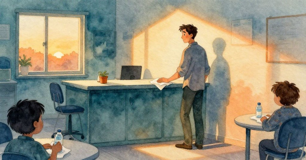 夕陽餘暉中，艾瑞克手持紙巾在清理散落的咖啡，周圍溫暖光影中映出一天小危機後的沉思與平和。