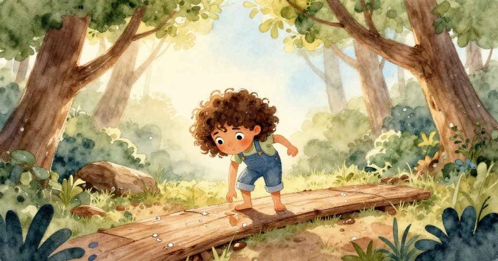 梅布爾站在樹枝交接處，赤腳踏在濕潤的木板上，周圍綠意盎然，晨光柔和，表情平靜且堅定。