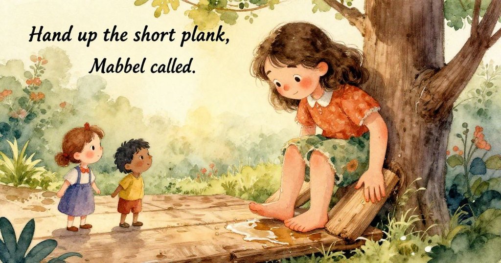 梅布爾伸出手輕按著刻有石墨線的木板，木材細節與晨露清晰呈現，展現專注與準備工作的情境。