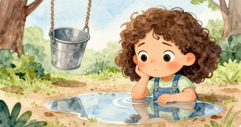 梅布爾凝視水面倒影，臉上流露些許擔憂，背景隱約見到搖曳的鐵桶與樹葉，情緒複雜而動人。