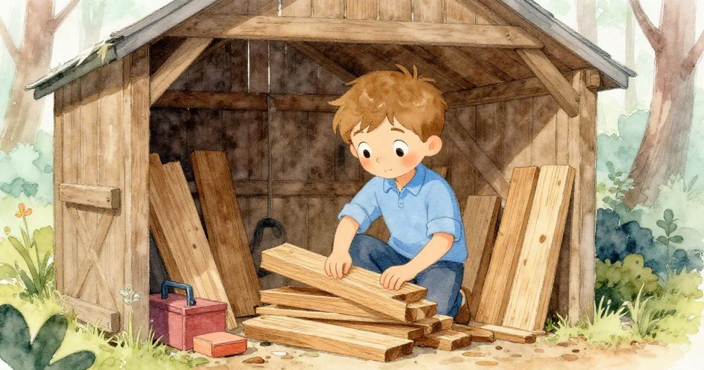 諾埃爾在小工具間旁仔細翻找木板，專注神情與晨光映衬出簡樸工具區，環境充滿木質溫暖感。