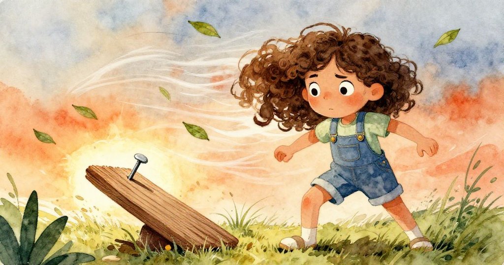 梅布爾在強風中調整步伐，樹葉飛舞、木板微移，一枚釘子扭曲，臉上流露出緊張與果斷。