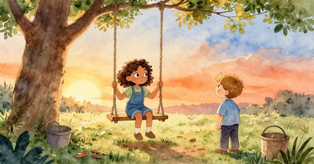 傍晚時分，樹上空的梯級與搖晃桶靜謐呈現，地上散布鋸末，梅布爾與諾埃爾滿懷成就與寧靜。