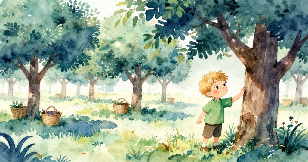 多利安輕觸粗糙樹皮，半滿籃子散落草地，溫暖晨光映照果園景，充滿好奇與期待情緒