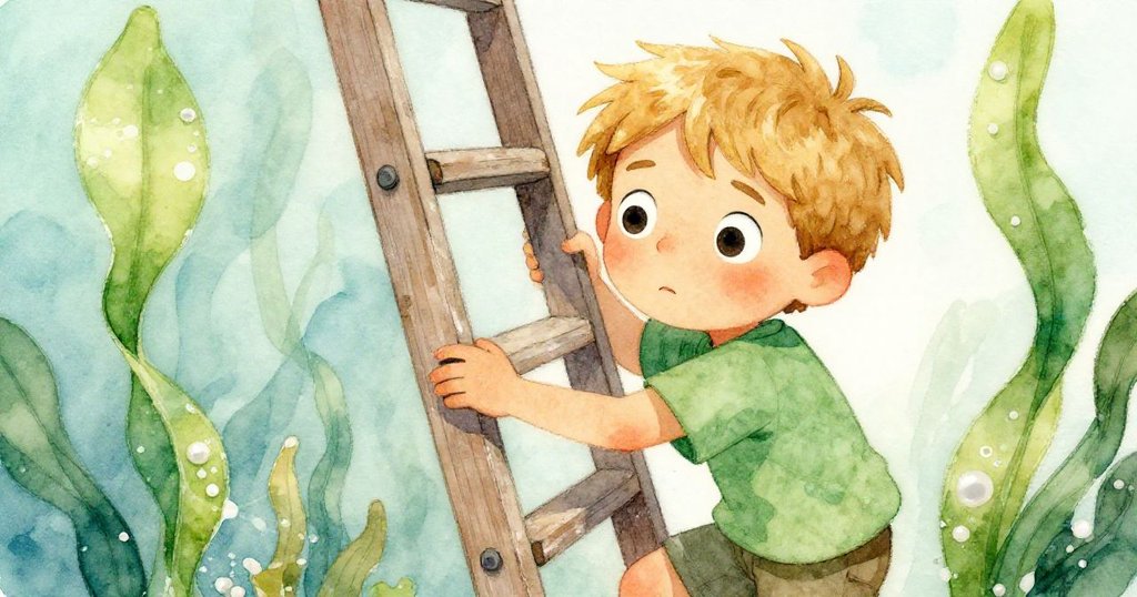 多利安專注攀爬破舊梯子，臉上顯露堅定與微微挫折，溫暖光線映襯細膩情感