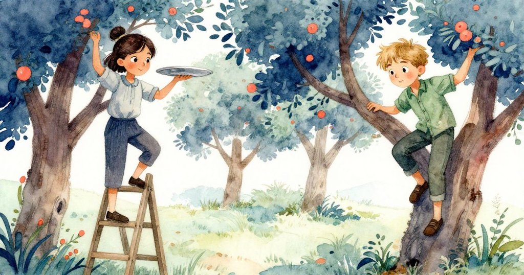 艾達與多利安共同合作，一邊穩固梯子一邊攀爬果樹，兩人臉上展現專注與默契情感